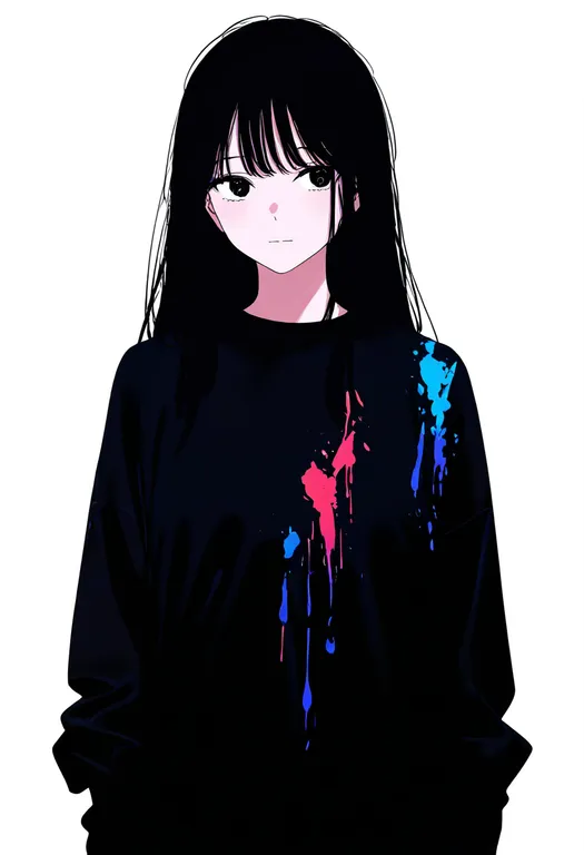 masterpiece, best quality, newest, absurdres, highres, safe, paint_on_clothes, 1girl, solo, simple_background — by k3scat, made with ComfyUI
