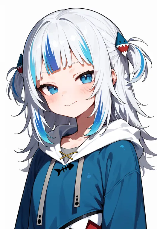 masterpiece, best quality, score_7, safe, gawr gura (1st costume), hololive english, solo, upper body, simple background — by k3scat, made with ComfyUI