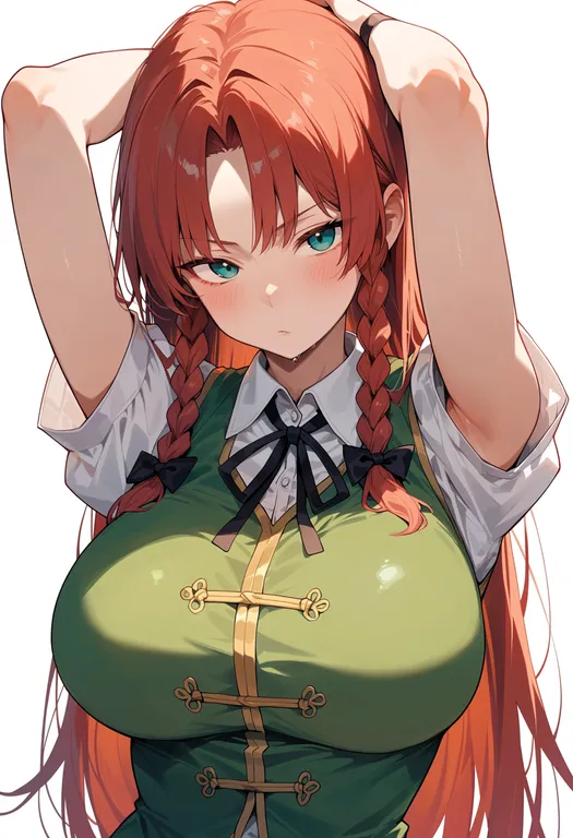 masterpiece, best quality, score_7, safe, hong meiling, touhou, solo, upper body, simple background — by k3scat, made with ComfyUI