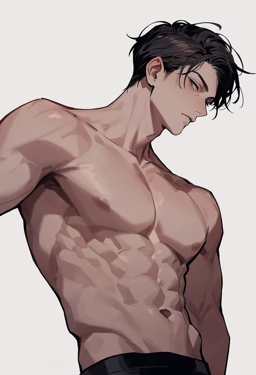 masterpiece, best quality, score_7, safe, pectorals, 1boy, solo, upper body, simple background — by k3scat, made with ComfyUI