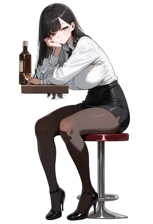 masterpiece, best quality, score_7, safe, bar stool, 1girl, solo, simple background — by k3scat, made with ComfyUI