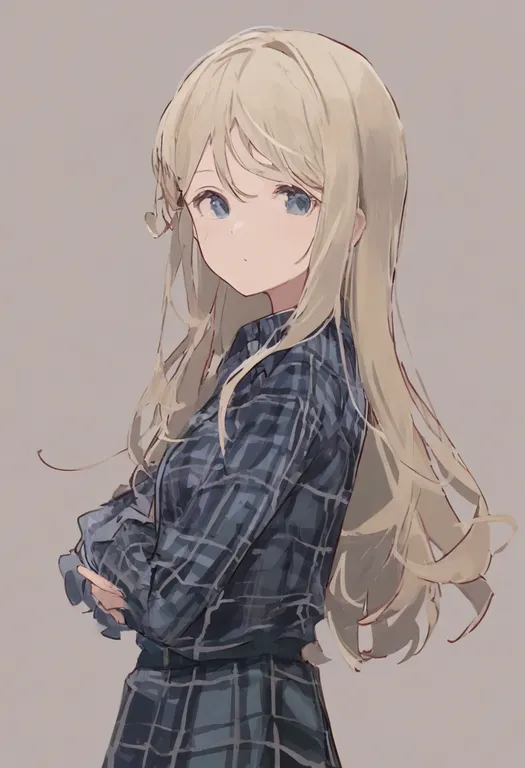 masterpiece, best quality, general, plaid shirt, 1girl, solo, simple background — by k3scat, made with ComfyUI