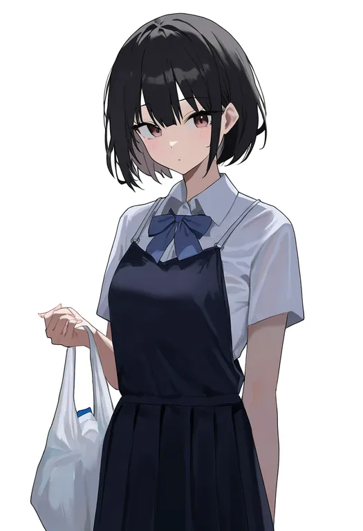 masterpiece, best quality, newest, absurdres, highres, safe, plastic_bag, 1girl, solo, simple_background — by k3scat, made with ComfyUI