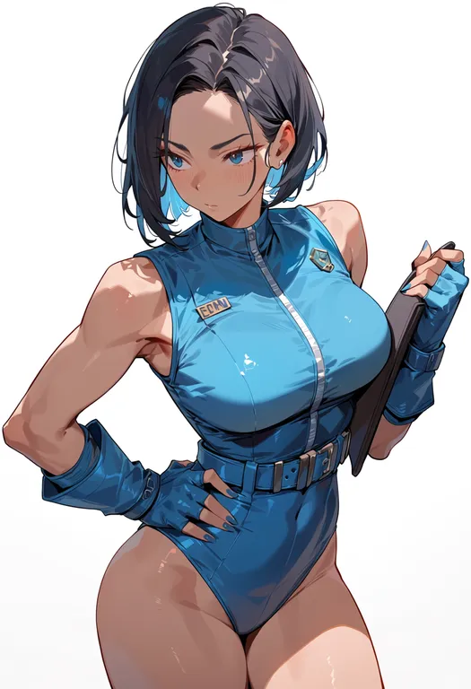 masterpiece, best quality, score_7, safe, blue belt, 1girl, solo, simple background — by k3scat, made with ComfyUI