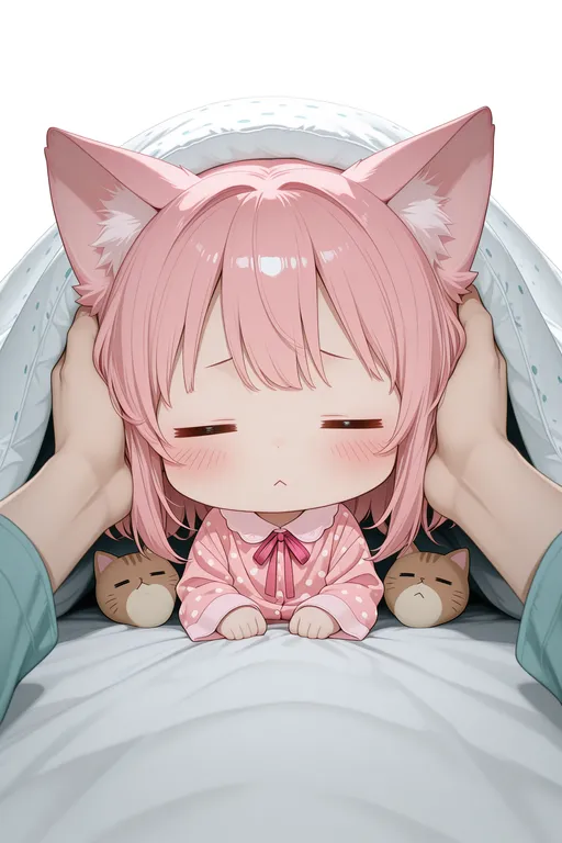 blush, long sleeves, white background, ribbon, closed mouth, closed eyes, solo focus, cat ears, chibi, neck ribbon, pov,…