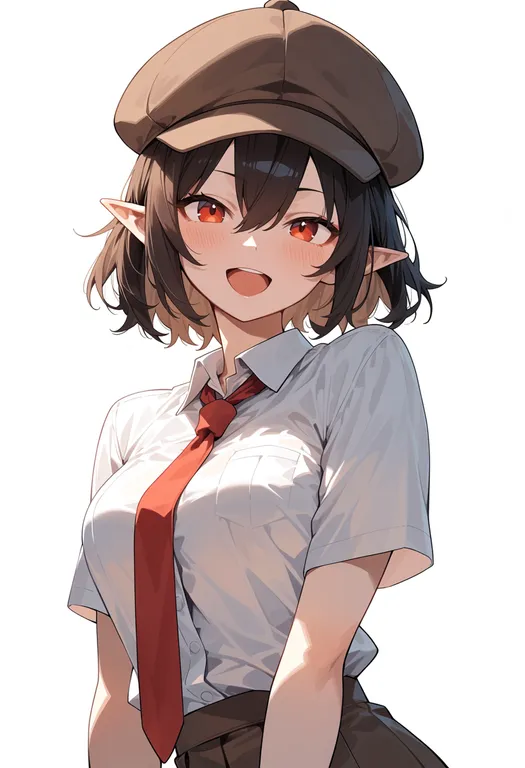 masterpiece, best quality, score_7, safe, shameimaru aya (newsboy), solo, upper body, simple background — by k3scat, made with ComfyUI