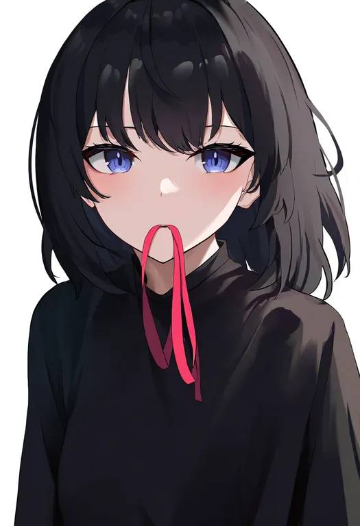 masterpiece, best quality, newest, absurdres, highres, safe, ribbon_in_mouth, 1girl, solo, simple_background — by k3scat, made with ComfyUI