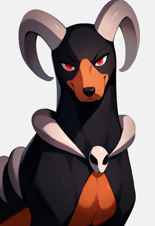 masterpiece, best quality, newest, absurdres, highres, safe, houndoom, solo, upper_body, simple_background — by k3scat, made with ComfyUI