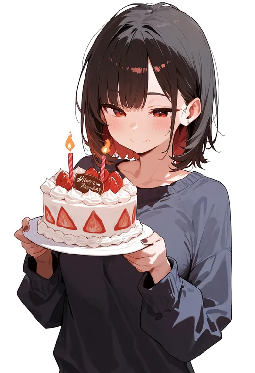 masterpiece, best quality, score_7, safe, birthday cake, 1girl, solo, upper body, simple background — by k3scat, made with ComfyUI