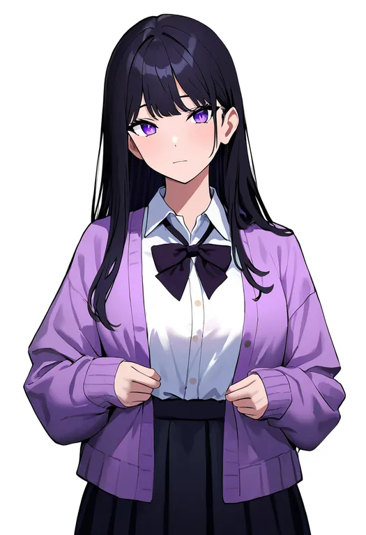 masterpiece, best quality, newest, absurdres, highres, safe, purple_cardigan, 1girl, solo, simple_background — by k3scat, made with ComfyUI