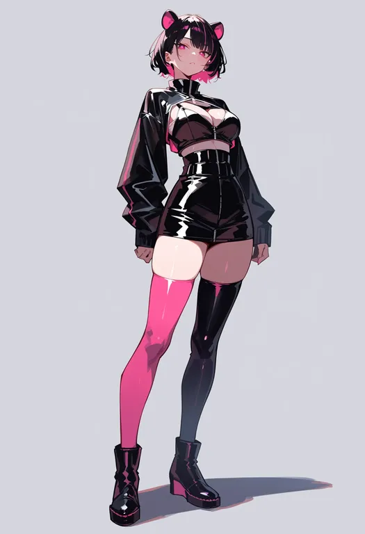 masterpiece, best quality, score_7, safe, two-tone thighhighs, 1girl, solo, simple background — by k3scat, made with ComfyUI