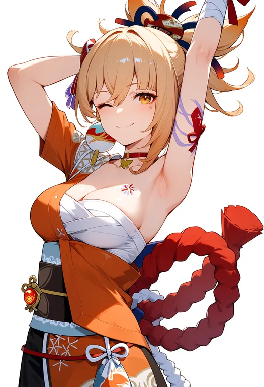 masterpiece, best quality, score_7, safe, yoimiya (genshin impact), genshin impact, solo, upper body, simple background — by k3scat, made with ComfyUI