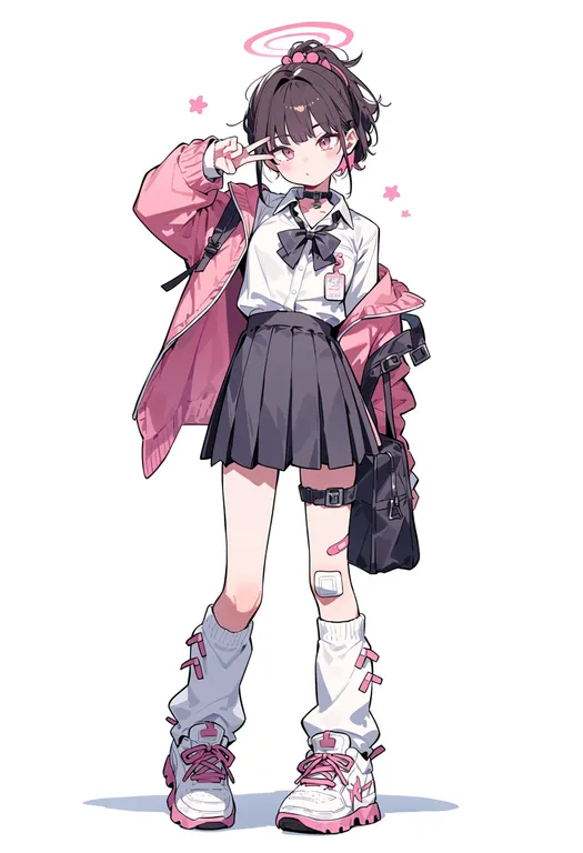 masterpiece, best quality, score_7, safe, bandaid on leg, 1girl, solo, simple background — by k3scat, made with ComfyUI