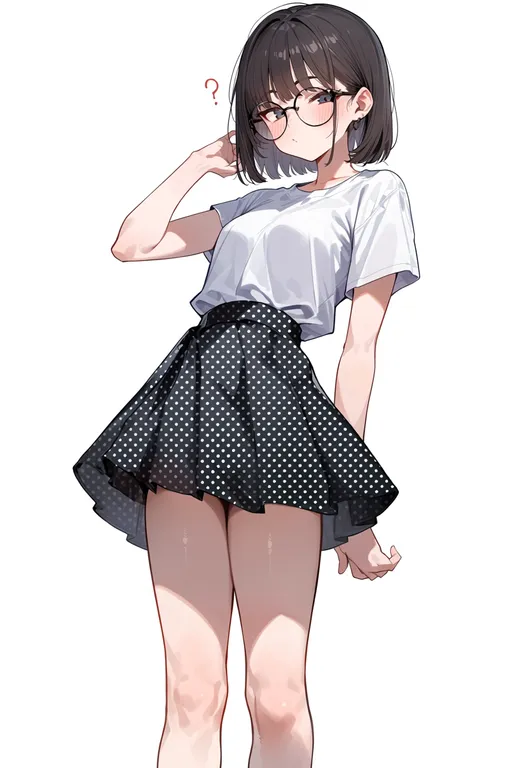 masterpiece, best quality, score_7, safe, polka dot skirt, 1girl, solo, simple background — by k3scat, made with ComfyUI