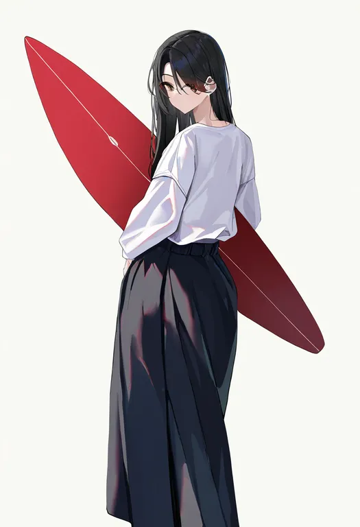 masterpiece, best quality, newest, absurdres, highres, safe, surfboard, 1girl, solo, simple_background — by k3scat, made with ComfyUI