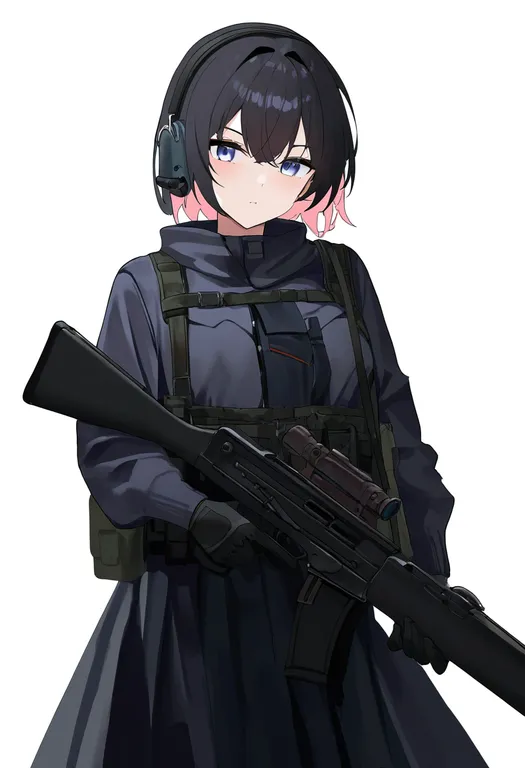 masterpiece, best quality, newest, absurdres, highres, safe, battle_rifle, 1girl, solo, simple_background — by k3scat, made with ComfyUI