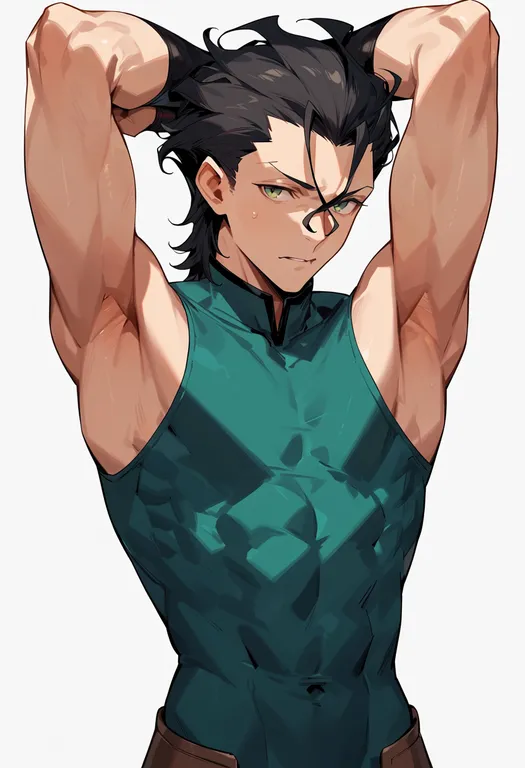 masterpiece, best quality, score_7, safe, diarmuid ua duibhne (lancer) (fate), solo, upper body, simple background — by k3scat, made with ComfyUI