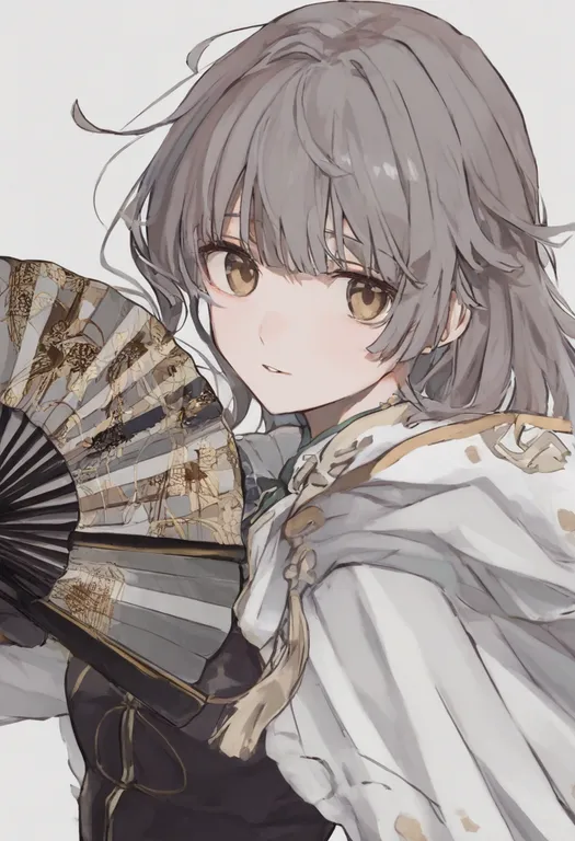 masterpiece, best quality, general, holding fan, 1girl, solo, simple background — by k3scat, made with ComfyUI