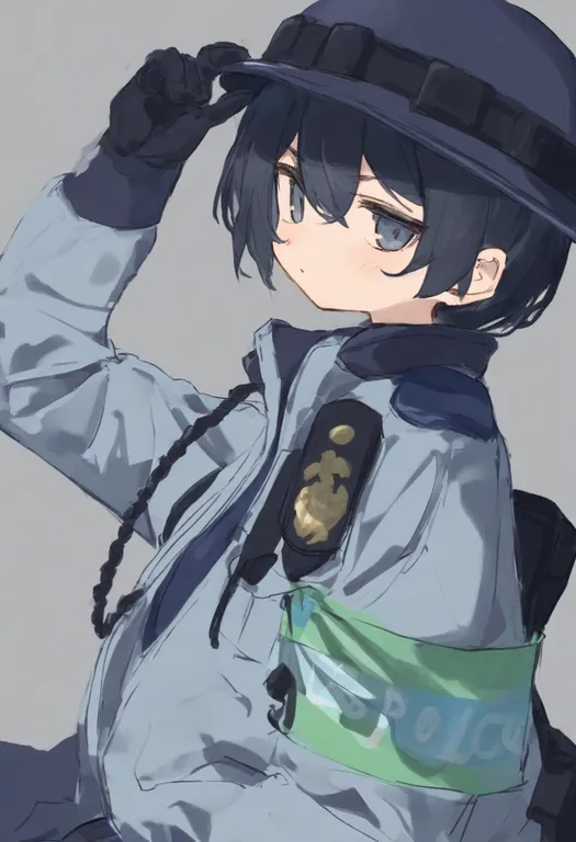 masterpiece, best quality, general, police uniform, 1girl, solo, simple background — by k3scat, made with ComfyUI