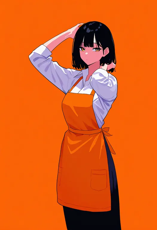 masterpiece, best quality, newest, absurdres, highres, safe, orange_apron, 1girl, solo, simple_background — by k3scat, made with ComfyUI