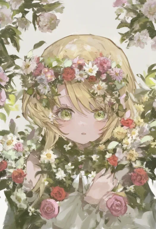 masterpiece, best quality, general, flower wreath, 1girl, solo, simple background — by k3scat, made with ComfyUI