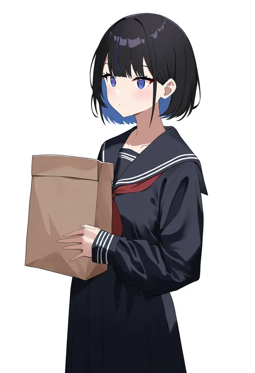 masterpiece, best quality, newest, absurdres, highres, safe, paper_bag, 1girl, solo, simple_background — by k3scat, made with ComfyUI