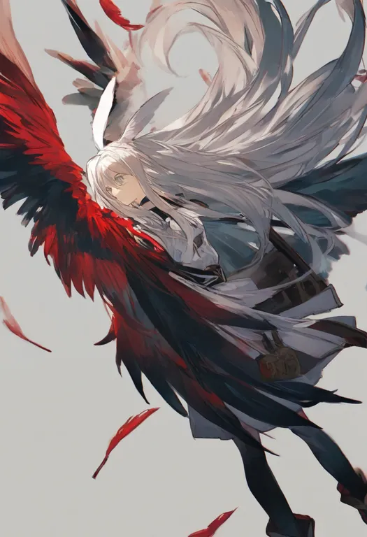 masterpiece, best quality, general, red feathers, 1girl, solo, simple background — by k3scat, made with ComfyUI