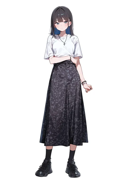 masterpiece, best quality, score_7, safe, print skirt, 1girl, solo, simple background — by k3scat, made with ComfyUI