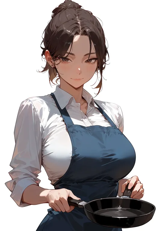 masterpiece, best quality, score_7, safe, frying pan, 1girl, solo, upper body, simple background — by k3scat, made with ComfyUI