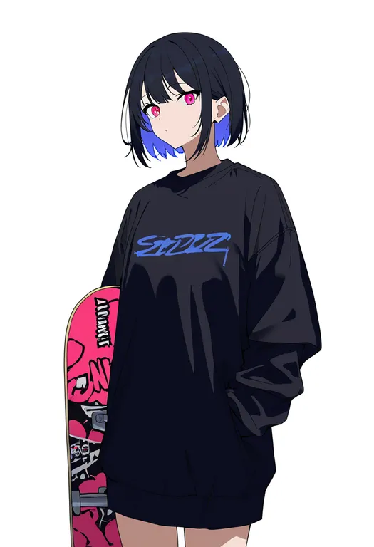 masterpiece, best quality, newest, absurdres, highres, safe, skateboard, 1girl, solo, simple_background — by k3scat, made with ComfyUI