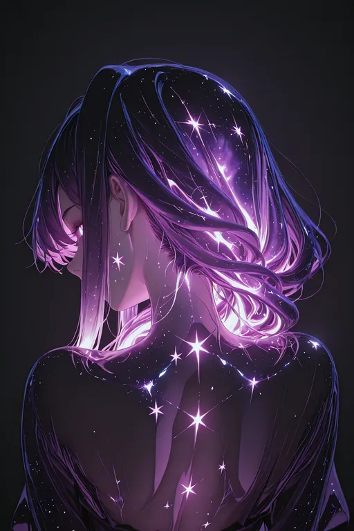 masterpiece, high quality, ultra-detailed, from behind, high angle, upper body focus, (galaxy purple long hair:1.3), (gl…