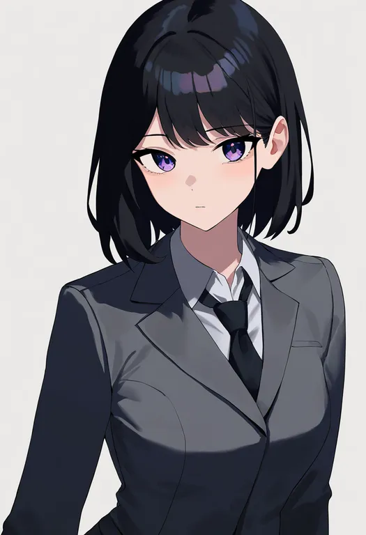 masterpiece, best quality, newest, absurdres, highres, safe, grey_suit, 1girl, solo, simple_background — by k3scat, made with ComfyUI