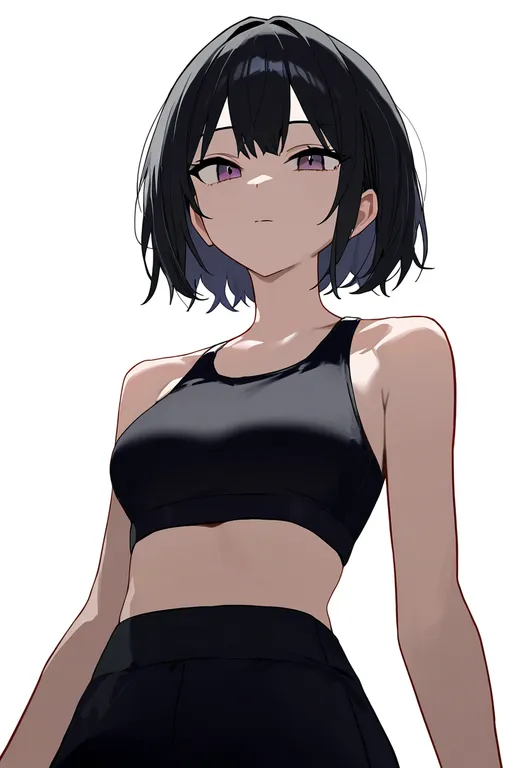 masterpiece, best quality, newest, absurdres, highres, safe, black_sports_bra, 1girl, solo, simple_background — by k3scat, made with ComfyUI
