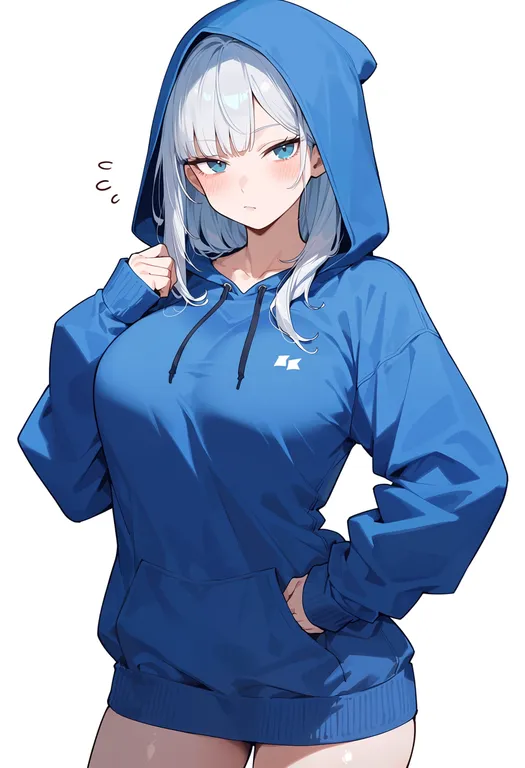 masterpiece, best quality, score_7, safe, blue hood, 1girl, solo, simple background — by k3scat, made with ComfyUI