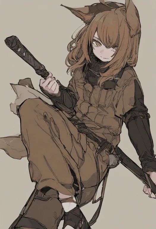 masterpiece, best quality, general, brown pants, 1girl, solo, simple background — by k3scat, made with ComfyUI