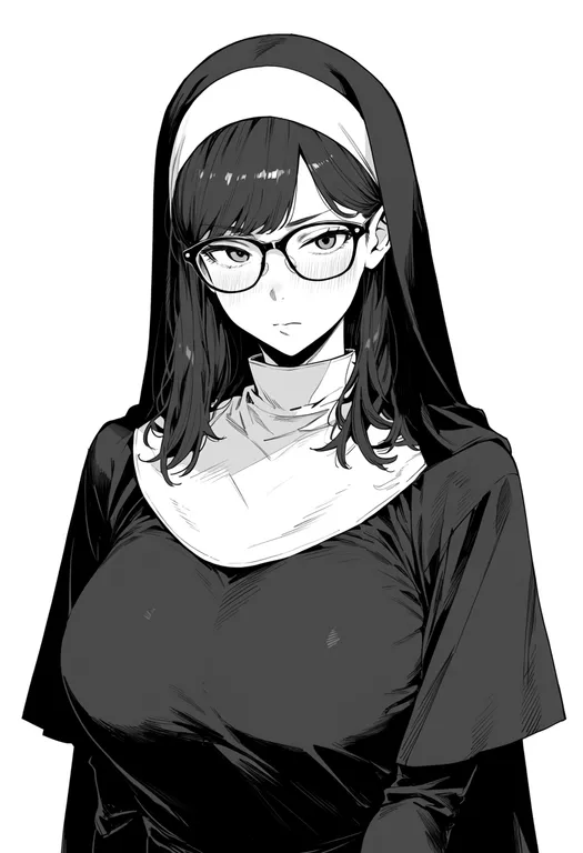 masterpiece, best quality, score_7, safe, glasses nun (diva), solo, upper body, simple background — by k3scat, made with ComfyUI