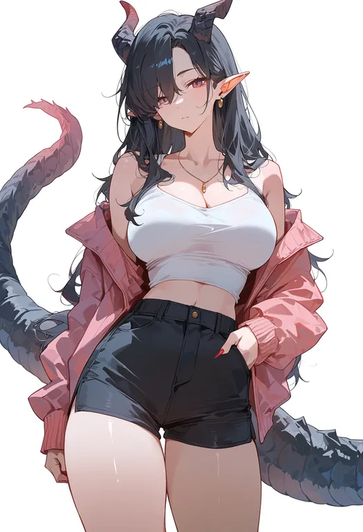 masterpiece, best quality, score_7, safe, dragon tail, 1girl, solo, simple background — by k3scat, made with ComfyUI