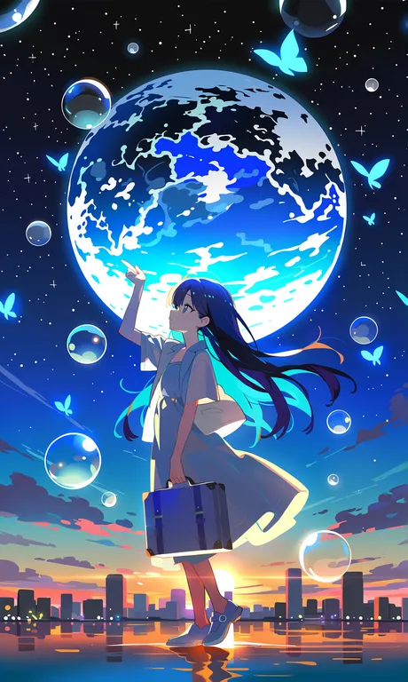 hatsunemiku, 1girl, solo, full body, standing, profile, facing left, looking up, blue hair, long hair, flowing hair… — by cb z, made with ComfyUI