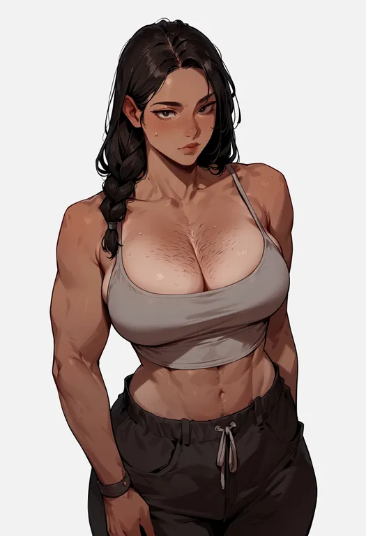 masterpiece, best quality, score_7, safe, sparse chest hair, 1girl, solo, simple background — by k3scat, made with ComfyUI