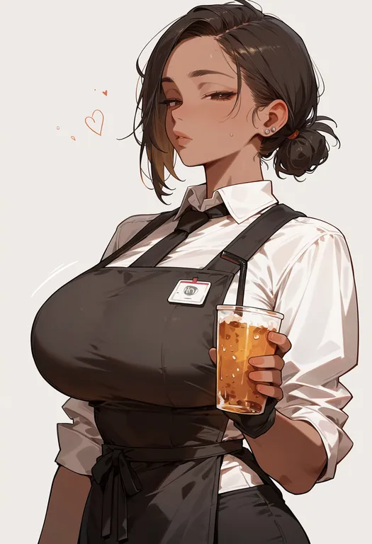 masterpiece, best quality, score_7, safe, barista, 1girl, solo, upper body, simple background — by k3scat, made with ComfyUI