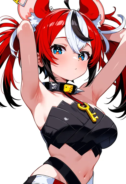 masterpiece, best quality, score_7, safe, hakos baelz (1st costume), solo, upper body, simple background — by k3scat, made with ComfyUI
