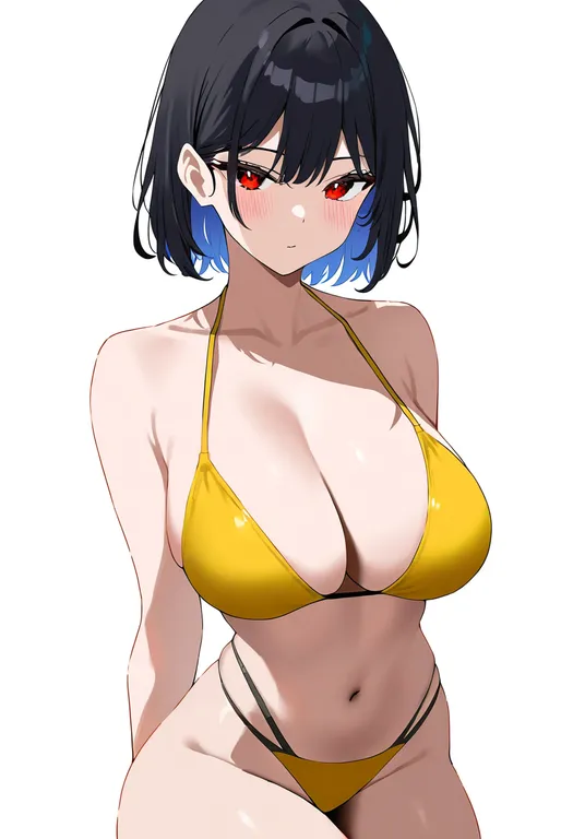 masterpiece, best quality, newest, absurdres, highres, safe, yellow_bikini, 1girl, solo, simple_background — by k3scat, made with ComfyUI