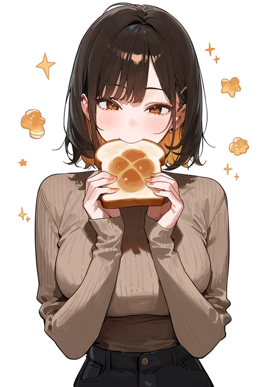 masterpiece, best quality, score_7, safe, bread, 1girl, solo, upper body, simple background — by k3scat, made with ComfyUI