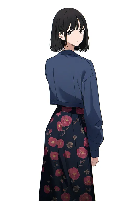 masterpiece, best quality, newest, absurdres, highres, safe, floral_print_skirt, 1girl, solo, simple_background — by k3scat, made with ComfyUI