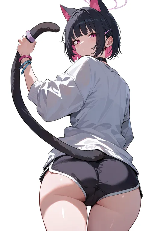 masterpiece, best quality, score_7, safe, tail grab, 1girl, solo, simple background — by k3scat, made with ComfyUI