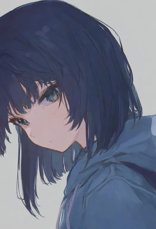 masterpiece, best quality, general, blue hoodie, 1girl, solo, simple background — by k3scat, made with ComfyUI