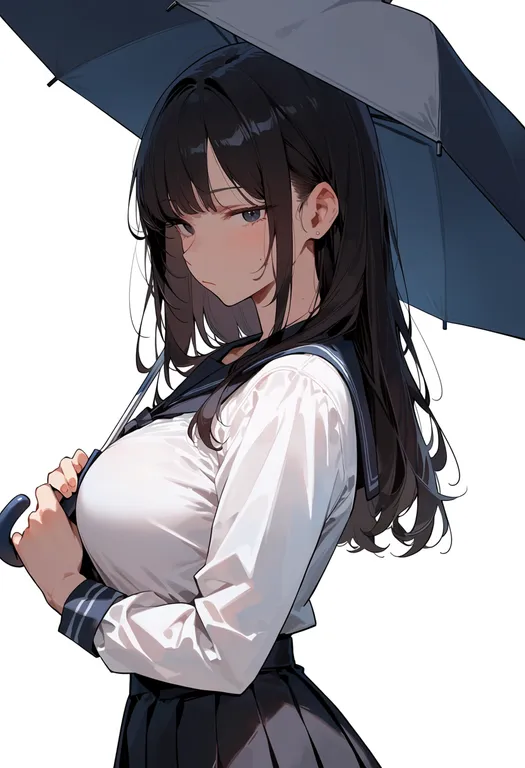 masterpiece, best quality, score_7, safe, holding umbrella, 1girl, solo, upper body, simple background — by k3scat, made with ComfyUI
