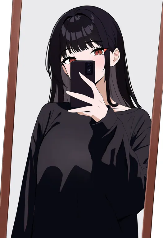 masterpiece, best quality, newest, absurdres, highres, safe, mirror_selfie, 1girl, solo, simple_background — by k3scat, made with ComfyUI