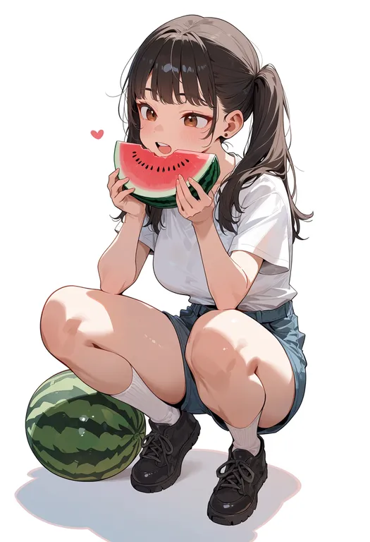 masterpiece, best quality, score_7, safe, watermelon slice, 1girl, solo, simple background — by k3scat, made with ComfyUI