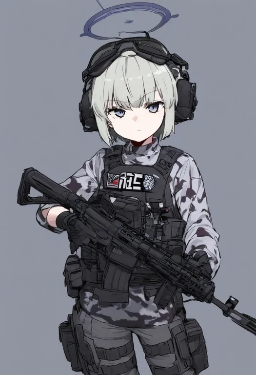 masterpiece, best quality, general, assault rifle, 1girl, solo, simple background — by k3scat, made with ComfyUI